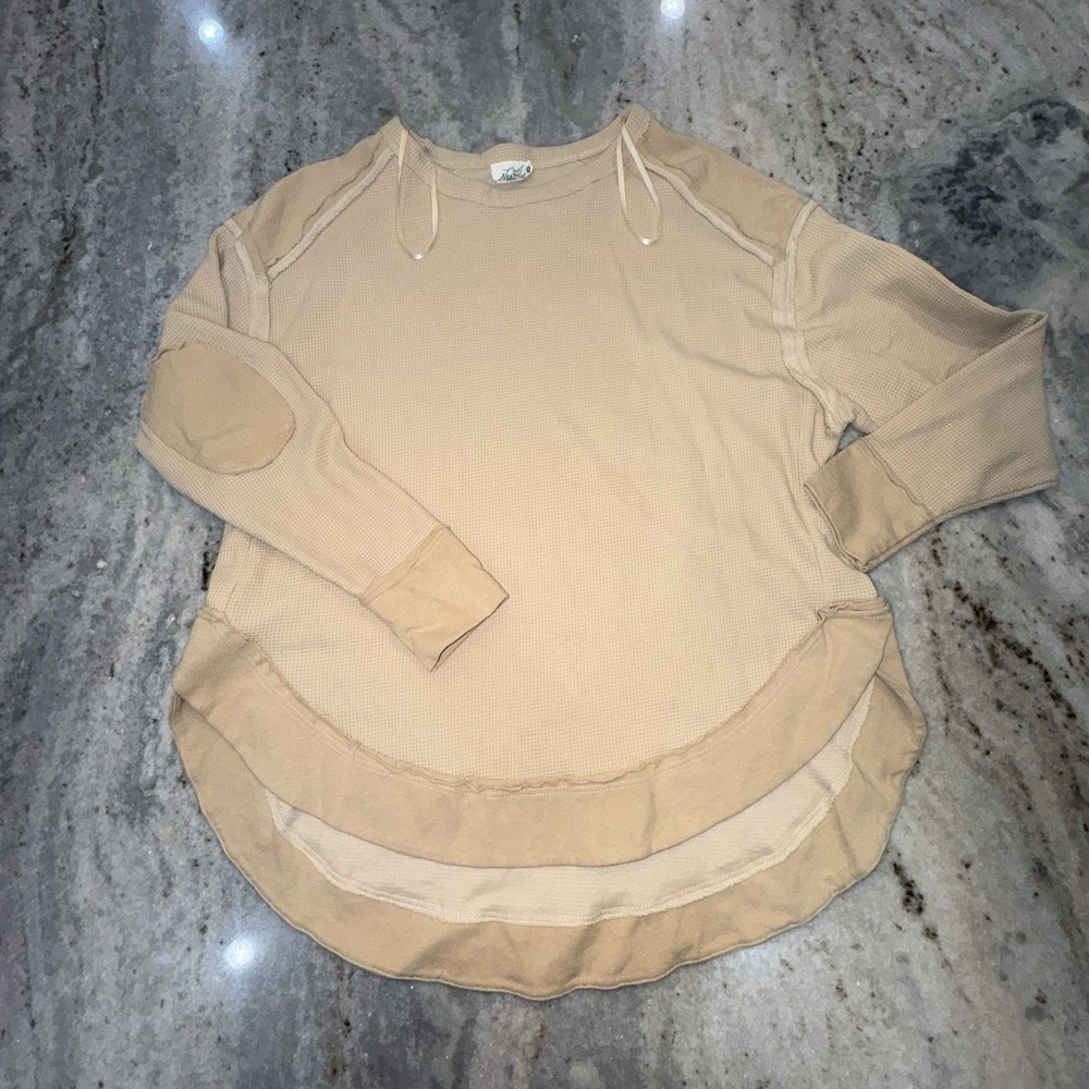 Newin Women's Small Waffle Knit Shirt Patchwork Thermal Tan Minimalist Lagenlook